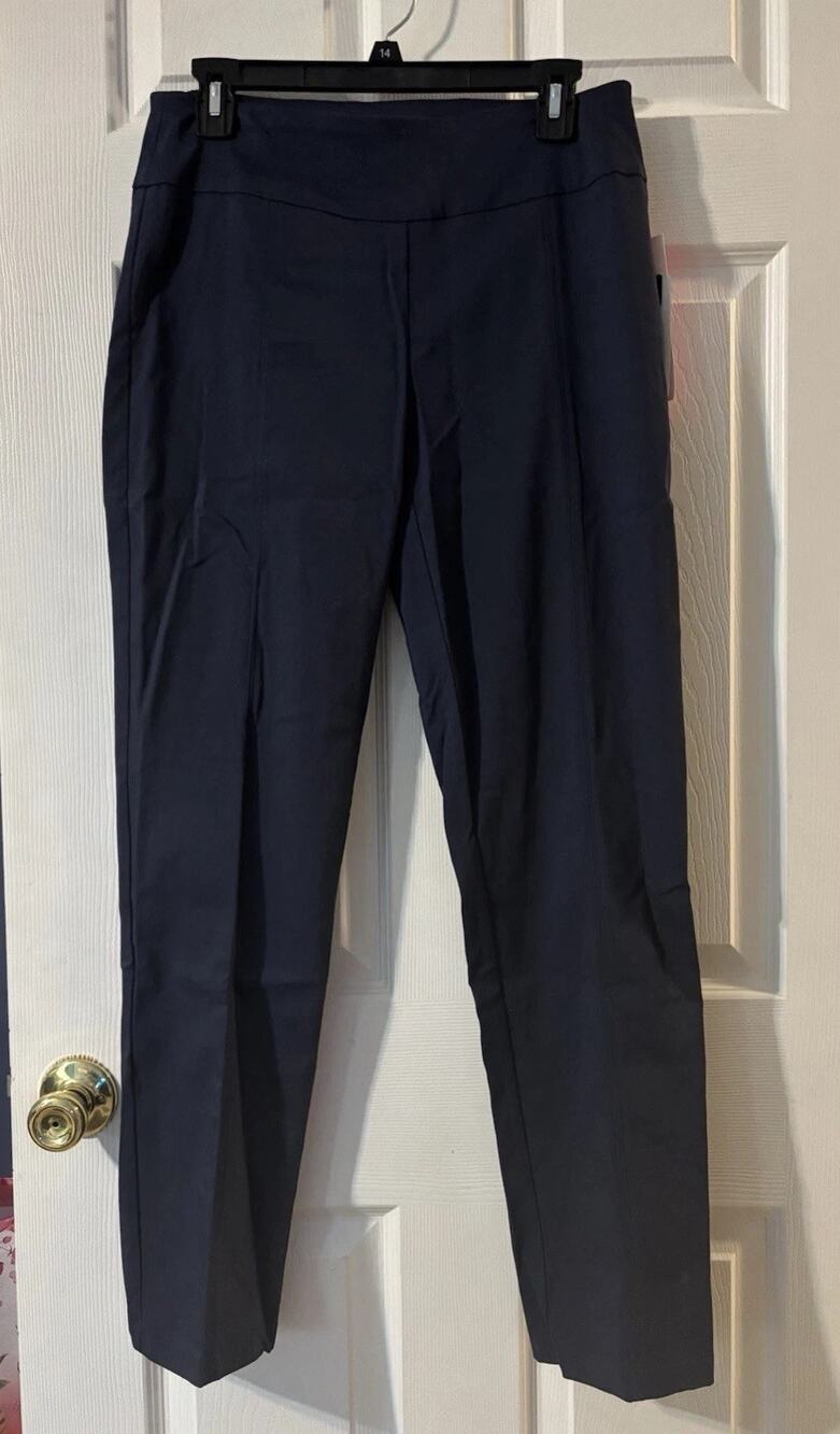Zac & Rachel Sz 8 Navy Stretch Ponte Pants Mid rise Tapered Leg NWT Tummy Panel
